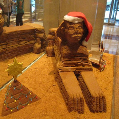 <p>Le Parker Meridien, a hotel in New York City, has gingerbread creations on display in its atrium, including this sweet production of Egypt's well-known Sphinx created by Rolling Pin Productions with Aperitivo Restaurant Brooklyn. Passersby can opt to donate a dollar to vote for their favorite gingerbread structure on display, with proceeds benefiting City Harvest.</p>