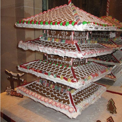 <p>Japanese dessert bar Kyotofu's contribution to Le Parker Meridien's 2012 gingerbread collection is this version of Toji Tower, a Buddhist temple in Kyoto, Japan. It has a five-story pagoda and it's the highest wooden tower in Japan.</p>