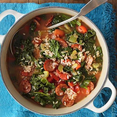 A New Orleans favorite, spicy andouille sausage gives this healthy greens-and-rice stew a kick of Cajun flavor.
 
 Recipe: Cajun Kale Soup with Andouille Sausage