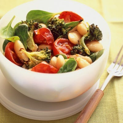 White Bean Salad With Spicy Roasted Tomatoes and Broccoli