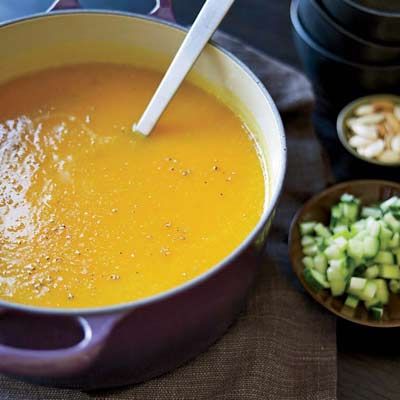 <p>This remarkably simple squash soup is sweetened with a little honey and garnished with roasted pumpkin seeds.</p><p><b>Recipe: </b><a href="/recipefinder/winter-squash-soup-roasted-pumpkin-seeds-recipe-fw1210" target="_blank"><b>Winter Squash Soup with Roasted Pumpkin Seeds</b></a></p>