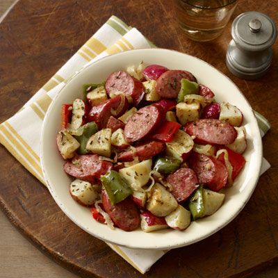 <p>Hillshire Farm Smoked Chicken Sausage is baked to perfection with red potatoes, bell peppers, onion, rosemary, and thyme, and a hint of garlic.</p><p><b>Recipe: <a href="/recipefinder/power-dish-recipe-hf1112">Power Dish</a></b></p>