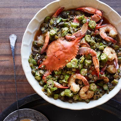 In this recipe from The Dooky Chase Cookbook, chef Leah Chase uses okra (and lots of it) to thicken the dish.
 Recipe: Okra Gumbo with Blue Crabs and Shrimp