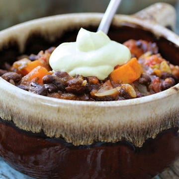 <p>This spice-laden vegetarian chili is topped with a smooth, cooling avocado cream to balance the hot peppers and smoky chipotle.</p>
<p><strong>Recipe:</strong> <a href="http://gogonow.org/recipefinder/chipotle-chili-avocado-sour-cream-recipe-opr0313%22 target="_blank"><strong>Chipotle Chili with Avocado Sour Cream</strong></a></p>
