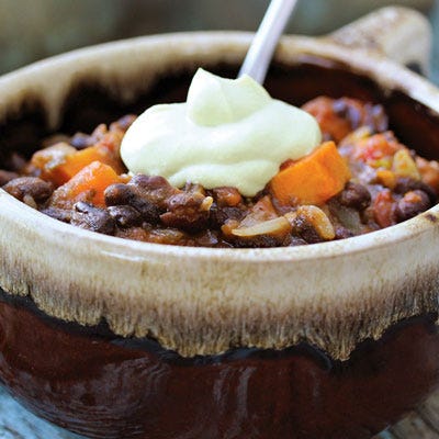 <p>This spice-laden vegetarian chili is topped with a smooth, cooling avocado cream to balance the hot peppers and smoky chipotle.</p>
<p><strong>Recipe:</strong> <a href="http://gogonow.org/recipefinder/chipotle-chili-avocado-sour-cream-recipe-opr0313%22 target="_blank"><strong>Chipotle Chili with Avocado Sour Cream</strong></a></p>
