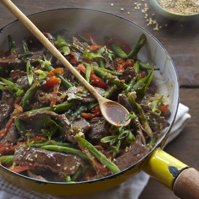 <p>"This stir-fry is Cantonese comfort food, with familiar flavors and ingredients put together in a delicious way that takes just a few minutes to cook. I usually call everyone to the table as I'm heating the pan, and by the time they all sit down, I'm ready to dish up dinner." — Curtis Stone</p>
<p><strong>Recipe:</strong> <a href="http://www.delish.com/recipefinder/ steak-green-bean-stir-fry-ginger-garlic-recipe-del0513" target="_blank"><strong>Steak and Green Bean Stir-Fry with Ginger and Garlic</strong></a></p>