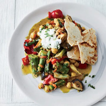 <p>Buss-Up-Shut is a Caribbean-Indian specialty of curry and the griddled flatbread called roti; the roti here resembles a torn shirt, hence the name. The spicy, coconut-curried vegetables in this version are perfect with the griddled biscuit dough.</p><p><b>Recipe: </b><a href="http://gogonow.org/recipefinder/curried-vegetables-griddled-biscuit-roti-recipe-fw0613%22 target="_blank"><b>Curried Vegetables with Griddled Biscuit Roti</b></a></p>