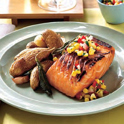 Maple-Brined Salmon with Corn Relish and Sage Potatoes - Seafood ...