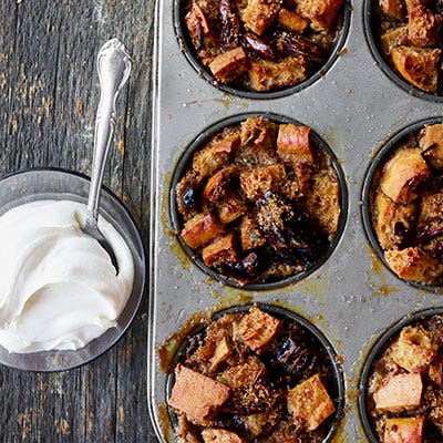 <p>Flavor these mini-desserts with Medjool dates, brown sugar, and maple syrup, for a toffeelike sweetness. "Wild rice gives these bread-pudding cakes a pleasing texture," says chef Amy Thielan. </p>
<p><strong>Recipe:</strong> <a href="http://gogonow.org/recipefinder/sticky-maple-date-bread-puddings-yogurt-cream-recipe-clv0913%22 target="_blank">Sticky Maple-Date Bread Puddings with Yogurt Cream</a></p>