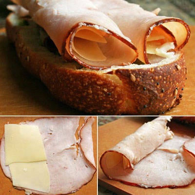 <b>Roll the Turkey and Cheese</b>

Rolling the meat and cheese together holds everything intact for easier, cleaner eating in the car. Simply roll cheese into a deli slice like a burrito. Each sandwich should hold between two to four pieces of rolled meat and cheese.