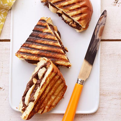 Chocolate and banana is a classic combination. This sandwich is made even better with the addition of roasted almonds and is sandwiched between thick slices of challah bread.
 Recipe: Nutella and Banana on Challah