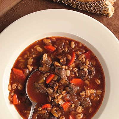 <p>Quick-cooking barley and sirloin help get this beef-and-barley soup on the table in a snap — and it doubles easily. If leftovers get too thick in the fridge, add a little broth when you reheat it. Serve with crusty bread and a glass of malbec.</p><p><b>Recipe:</b> <a href="/recipefinder/quick-beef-barley-soup-recipe-ew0211" target="_blank"><b>Quick Beef and Barley Soup</b></a></p>