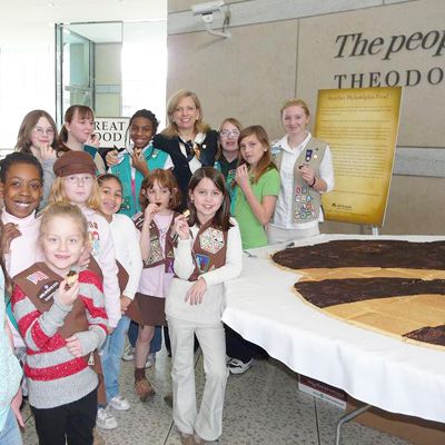 Girl Scouts from the Philadelphia area helped chef Ernie Rich create an 8-foot Trefoil shortbread cookie.