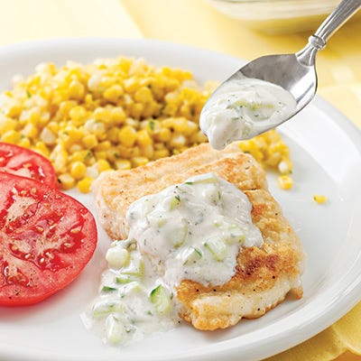 <p>Raita, a traditional Indian condiment consisting of cucumber and yogurt, makes a quick topping for simple sautéed fish fillets.</p><p><b>Recipe: </b><a href="/recipefinder/fish-fillets-cucumber-raita-recipe-ew0911" target="_blank"><b>Fish Fillets with Cucumber Raita</b></a></p>