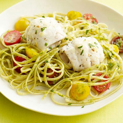 <p>Lemon, anchovy, and garlic flavor a delicate mayo-based glaze in this easy flounder recipe.</p><p><b>Recipe: </b><a href="/recipefinder/caesar-glazed-flounder-pesto-linguine-recipe-rbk0610" target="_blank"><b>Caesar-Glazed Flounder with Pesto Linguine</b></a></p>