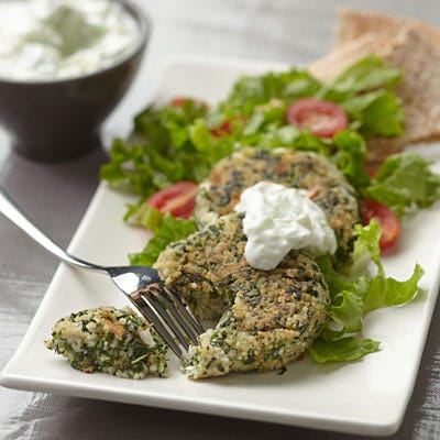 <p>Feta, spinach, and dill flavor these tofu patties. Slice some lemon wedges and pick up some whole-wheat pita bread to serve with this Greek-inspired meal.</p><p><b>Recipe:</b> <a href="/recipefinder/feta-spinach-couscous-patties-recipe-ew0912" target="_blank"><b>Feta and Spinach Couscous Patties</b></a></p>