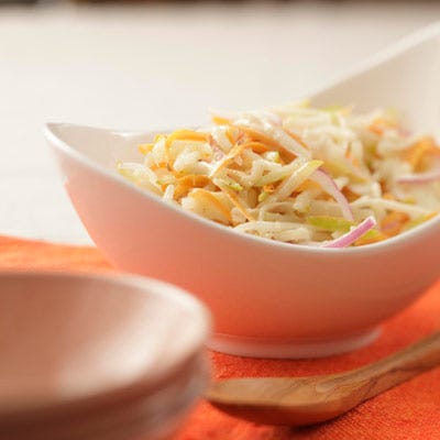<p>Pears, celery root, carrots and onion combine in this flavorful fall slaw recipe. Use underripe pears to keep the texture crisp. Cutting the pears and celery root by hand into little matchsticks makes a prettier salad, but go ahead and shred them with a box grater if you're in a hurry.</p><p><b>Recipe:</b> <a href="/recipefinder/pear-celery-root-slaw-recipe-ew0912" target="_blank"><b>Pear and Celery Root Slaw</b></a></p>