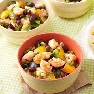 <p>Loaded with fresh tomatoes, peppers, and cilantro and seasoned with cumin and chile, this shrimp and black bean salad recipe has all the flavors of a great fresh salsa and is a quick and easy no-cook recipe. Serve with tortilla chips or fresh corn tortillas.</p><p><b>Recipe:</b> <a href="/recipefinder/zesty-shrimp-black-bean-salad-recipe-ew0812" target="_blank"><b>Zesty Shrimp and Black Bean Salad</b></a></p>