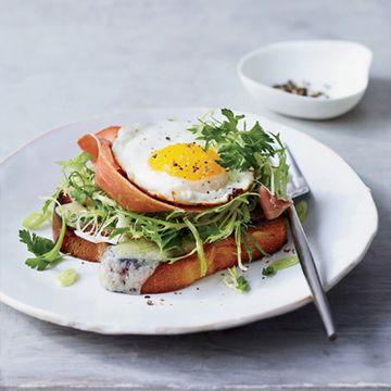 <p>"I love a good frisée salad," says Suzanne Goin. "And of course I love toasted, buttery bread, with big slabs of melted cheese and prosciutto and an egg on top." Her sumptuous open-face sandwich, a staple at her A.O.C. wine bar since the place opened in Los Angeles in 2003, combines all her favorite things.</p><p><b>Recipe: </b><a href="/recipefinder/brioche-prosciutto-gruyere-egg-recipe-fw0313" target="_blank"><b>Eggs Florentine with Smoky Mornay Sauce</b></a></p>