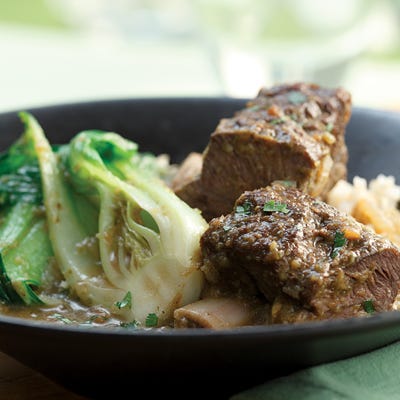 <p>Thai red curry paste, garlic, ginger, cilantro, and fish sauce flavor the coconut-infused broth for these braised bison short ribs. A tough cut of meat, the short ribs become meltingly tender when cooked slowly over low heat. Bison short ribs, unlike beef short ribs, are quite lean and therefore can be enjoyed as part of a healthy diet. If you have time, prepare this dish through Step 2 a day ahead — the flavor of the sauce and tenderness of the meat get even better overnight. Serve with bowls of jasmine rice.</p>
<p><strong>Recipe:</strong> <a href="../../../recipefinder/red-curry-bison-short-ribs-baby-bok-choy-recipe-6813" target="_blank"><strong>Red Curry Bison Short Ribs with Baby Bok Choy</strong></a></p>