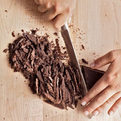 Our basic ganache recipe (which can easily be multiplied) is the base for all the variations that follow. First, coarsely chop 8 ounces of semisweet or bittersweet chocolate (we like 61 percent cacao). A serrated knife is best for the job; its sawlike teeth grab the chocolate, breaking it up.
