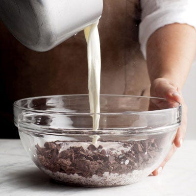 Bring 1 cup heavy cream just to a boil over medium-high heat. Pour over chocolate and add 1/8 teaspoon coarse salt. Let stand for 10 minutes (dont stir — doing so will cool the ganache too quickly, making it grainy).