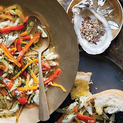 <p>David Kinch's version of escabèche (marinated cooked seafood) combines sweet crab and crisp vegetables in a spiced-vinegar mix.</p><p><b>Recipe: </b><a href="http://gogonow.org/recipefinder/fresh-crab-escabeche-recipe-fw0413%22%3E%3Cb%3EFresh Crab Eescabèche </b></a></p>