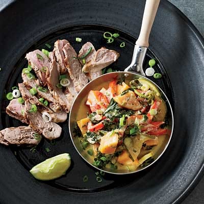 <p>Instead of using high-calorie coconut milk, Sue Zemanick of New Orleans' Gautreau's substitutes coconut water (the clear liquid inside young coconuts) and a touch of full-fat sour cream to add richness to this curry sauce.</p><p><b>Recipe: </b><a href="/recipefinder/grilled-pork-tenderloins-vegetable-curry-recipe" target="_blank"><b>Grilled Pork Tenderloins with Vegetable Curry</b></a></p>