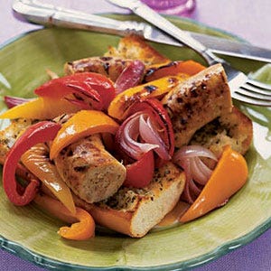 <p>Add extra flavor to chicken or turkey sausage by drizzling it with balsamic vinaigrette before roasting; once done, serve it on a toasted baguette topped with melted mozzarella cheese.</p><p><b>Recipe: </b><a href="http://delish.com/recipefinder/open-face-sausage-pepper-sandwiches-recipe-121381" target="_blank"><b>Open-Face Sausage Pepper Sandwiches</b></a></p>
