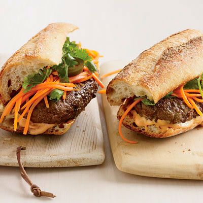 <p>Topped with Tabasco-spiked mayonnaise, crunchy pickled carrots and jalapeños, and sprigs of cilantro, these burgers showcase the best of American and Vietnamese flavors.</p><p><b>Recipe: <a href="/recipefinder/vietnamese-style-banh-mi-burgers-recipe" target="_blank">Vietnamese-Style Bánh Mì Burgers</a></b></p>