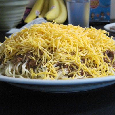 Cincinnatians take the motto "have it your way" to the next level. Here in Queen City, hungry diners can have their chili two-way (spaghetti and chili), three-way (spaghetti, chili, cheddar cheese), four-way (spaghetti, chili, cheese, and onions or beans), or five-way (spaghetti, chili, cheese, onions, and beans). The gut-busting dish was created in 1922 by Tom and John Kiradjieff, owners of the now-famous Empress Chili. 
