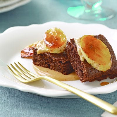 Nearly No-Fat Brownies with Peanut Butter Sauce and Caramelized Bananas