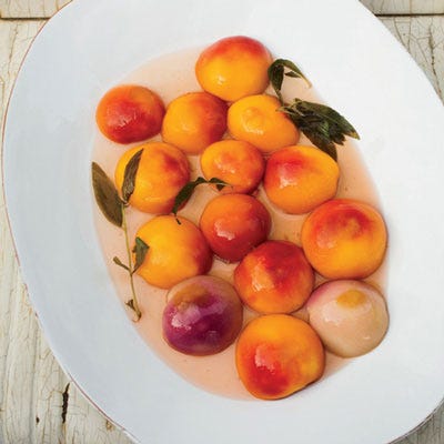 <p>"In hot weather, I like the idea of a simple fruit dessert," says Tom Colicchio. He serves his poached peaches in lemon verbena-infused syrup with squares of baked ricotta.</p>
<p><strong>Recipe:</strong> <a href="http://gogonow.org/recipefinder/poached-peaches-baked-ricotta-recipe-fw0813%22 target="_blank"><strong>Poached Peaches with Baked Ricotta</strong></a></p>