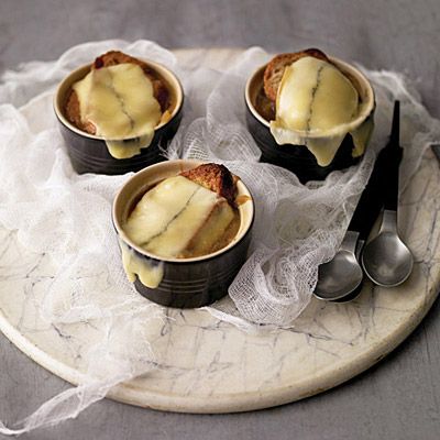 <p>Individual servings of French onion soup are sufficiently satisfying for Halloween revelers with more refined tastes. Morbier cheese, which has a veinlike stripe of vegetable ash down the center, makes a more suitably morbid topping than a traditional Gruyere.</p>

<p><strong>Recipe:</strong> <a href="http://www.delish.com/recipefinder/morbid-mini-french-onion-soup-recipe-mslo1011"><strong>Morbid Miniature French Onion Soups</strong></a></p>