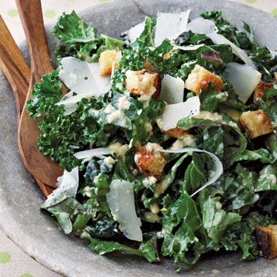 <p>"Everywhere I go these days I hear 'kale, kale, kale!' It's the new superfood, so I thought I'd join the bandwagon — but with a twist. Often with raw kale salads there's a lot of chewing involved, which isn't that delightful, so I decided to treat the kale more delicately. I cut out the rib and slice the leaves thinly so they're almost dainty. Drizzle these lovely green ribbons with some super-acidic dressing and this salad doesn't taste like it's good for you — it just taste good! You'll want to hoover this salad down all day long!" — Anne Burrell</p>
<p><strong>Recipe:</strong> <a href="http://gogonow.org/recipefinder/kale-caesar-salad-recipe-del1113%22%3E%3Cstrong%3EKale Caesar Salad</strong></a></p>
