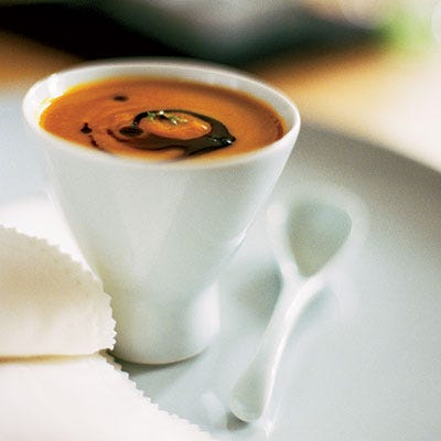 <p>Han Feng lightly flavors this silky, creamy soup with Ceylon tea, garnishing it with a drizzle of roasted pumpkinseed oil. She always restocks her supply of the lovely, nutty oil whenever she's in New York.</p><p><strong>Recipe:</strong> <a href="http://gogonow.org/recipefinder/tea-scented-pumpkin-soup-recipe-fw0913%22 target="_blank"><strong>Tea-Scented Pumpkin Soup</strong></a></p>

