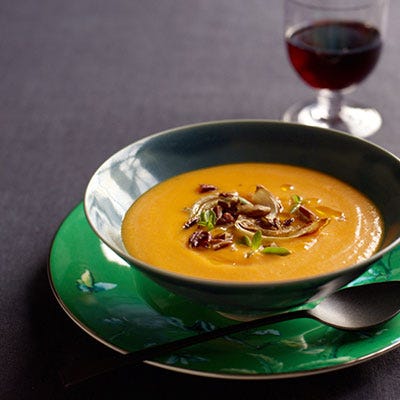 Red-orange kuri squash has a pumpkin shape, but no ridges. Its flavor is sweet and nutty, reminiscent of chestnuts.
 Recipe: Red Kuri Squash Soup