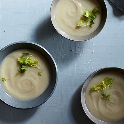 <p>Julianne Jones makes this lovely, luscious soup simply by pureeing celeriac (celery root) with celery and vegetable stock—there's no cream. For an equally delightful chilled version, Jones recommends thinning the soup with a little more stock.</p>
<p><strong>Recipe:</strong> <a href="http://gogonow.org/recipefinder/celeriac-soup-recipe-fw0913%22 target="_blank"><strong>Celeriac Soup</strong></a></p>
