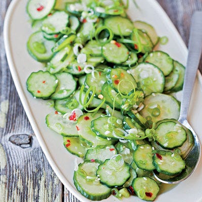 Sesame-Cucumber Salad <p>Cucumbers are mostly enzyme-filled water (about 96%) and contain vitamins A, B and C, zinc, iron, folic acid, calcium, magnesium and potassium. All of this nutritional-love can give you a quick-pick-me-up well feeling low on energy without overloaded on calories. Also, cucumbers are great for the complexion because of their silica content which boosts skin's moisture and elasticity. </p>
<br></br>
<p>Need cucumber-inspiration? Try thses healthy recipes: <br></br><a href="http://gogonow.org/recipefinder/sesame-cucumber-salad-recipe-opr0912%22%3ESesame-Cucumber Salad.</a><br></br><a href="http://gogonow.org/recipefinder/clean-breeze-smoothie-recipe-ew0212%22%3EClean Breeze Smoothie</a><br></br><a href="http://gogonow.org/recipefinder/cucumber-pomegranate-salad-recipe-ghk1210%22%3ECucumber-Pomegranate Salad</a></p>