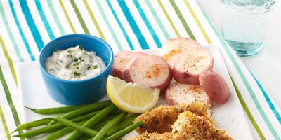 <p>For a kid-friendly and all around people-pleasing dish, try making your own fish sticks, and bake them for a healthy alternative to frying.</p><p><b>Recipe:</b> <a href="http://www.delish.com/recipefinder/crunchy-fish-sticks-veggies-dipping-sauce-recipe-wdy0613"><b>Crunchy Fish Sticks and Veggies with Dippng Sauce</b></a></p>