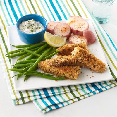 <p>For a kid-friendly and all around people-pleasing dish, try making your own fish sticks, and bake them for a healthy alternative to frying.</p><p><b>Recipe:</b> <a href="http://www.delish.com/recipefinder/crunchy-fish-sticks-veggies-dipping-sauce-recipe-wdy0613"><b>Crunchy Fish Sticks and Veggies with Dippng Sauce</b></a></p>