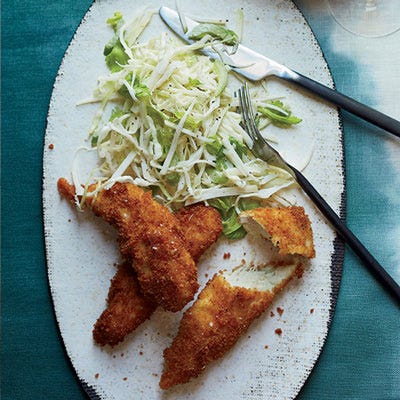 <p>At GBD in Washington, DC, chef Kyle Bailey marinates chicken tenders in a mix of sweet and savory herbs and spices, giving this childhood favorite a sophisticated edge.</p><p><strong>Recipe:</strong> <a href="http://gogonow.org/recipefinder/panko-crusted-chicken-tenders-kohlrabi-slaw-recipe-fw1013%22 target="_blank"><strong> Panko-Crusted Chicken Tenders with Kohlrabi Slaw
 </strong></a></p>
