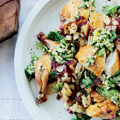 <p>When Suzanne Goin makes this homage to the legendary chicken at Zuni Café in San Francisco, she confits the whole chicken in duck fat. For this simplified version, she brushes the bird with the duck fat before roasting.</p> <p><strong>Recipe:</strong> <a href="http://gogonow.org/recipefinder/ode-to-zuni-roast-chicken-fennel-panzanella-recipe-fw1013%22%3E%3Cstrong%3E%22Ode to Zuni" Roast Chicken with Fennel Panzanella</strong></a></p>
