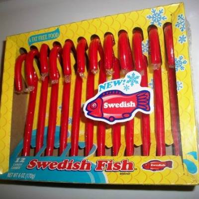 As much as we wish Swedish fish candy cane gummies existed, these are Swedish fish-flavored hard candies.
<br /><br />
<a href="http://www.amazon.com/Swedish-Fish-Candy-Canes-12ct/dp/B00B3EQVUU" target="_blank">amazon.com</a>