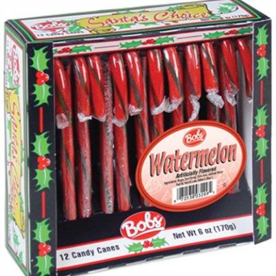 Since watermelon is a summer fruit it might be a little odd to see the flavor melded with Christmas packaging, but why not? As fruity flavors go, we think watermelon candy is one of the tastiest.
<br /><br />
<a href="http://www.nationwidecandy.com/bobs-watermelon-candy-canes-display-box-ix-03209.htm" target="_blank">nationwidecandy.com</a>