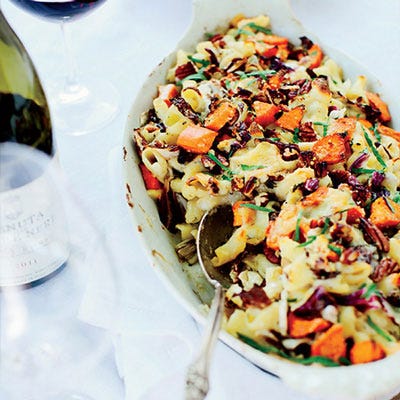 <p>This indulgent recipe combines thick, tubular torchio pasta with a cheesy sauce, sweet potato chunks, radicchio slices, pecans, and even more cheese.</p>
<p><strong>Recipe: <a href="http://gogonow.org/recipefinder/cheesy-baked-pasta-sweet-potatoes-radicchio-recipe-fw1013%22 target="_blank">Cheesy Baked Pasta with Sweet Potatoes and Radicchio</a></strong></p>
