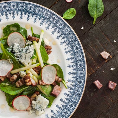 <p>Creamy and crunchy, hearty and light: This starter is a symphony of delectable contradictions. And kudos to Edward Lee for the ingeniously toothsome pairing of green apples and breakfast radishes.</p>
<p><strong> Recipe: <a href="http://gogonow.org/recipefinder/spinach-salad-bacon-blue-cheese-bourbon-vinaigrette-recipe-clv0513%22 target="_blank">Spinach Salad with Bacon, Blue Cheese, and Bourbon Vinaigrette</a></strong></p>