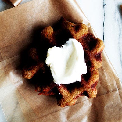 Carrot Cake Waffles with Cream Cheese Whipped Cream <p>Fluffy and ever-so-slightly chewy, it is hard to believe these waffles are gluten-free. Full of carrot cake flavor and topped with a whipped cream cheese, these waffles are perfect for a fall brunch.</p><p><strong>Recipe:</strong> <a href="http://gogonow.org/recipefinder/carrot-cake-waffles-cream-cheese-whipped-cream-recipe-fw1113%22%3E%3Cstrong%3ECarrot Cake Waffles with Cream Cheese Whipped Cream</strong></a></p>