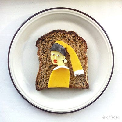 <p>As part of her Art Toast Project, food artist Ida Skivenes reinvents classic artworks using food on a piece of toast (such as this one modeled after "The Girl With the Pearl Earring"). Check out her Instagram account for more and get lost in her amazing work.</p>