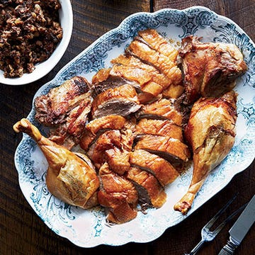 <p>While author Luke Barr's research shows that Julia Child prepared a roast goose stuffed with pork, prunes and chestnuts for Christmas dinner in 1970, no such exact recipe exists in any of her cookbooks. Inspired by the goose recipes in Child's Mastering the Art of French Cooking, Food and Wine's Kay Chun perfected this delicious version, which calls for techniques — like basting the goose with boiling water — that Child most likely used as well. </p>
<p><strong>Recipe: <a href="http://gogonow.org/recipefinder/roast-goose-pork-prune-chestnut-stuffing-recipe-fw1213%22 target="_blank">Roast Goose with Pork, Prune, and Chestnut Stuffing</a></strong></p>